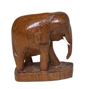 Vintage 70's Hand-Carved Elephant Figurine Dark Wood
